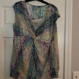 Lane Bryant Multicolor Twist-Front V-Neck Cap-Sleeve Top